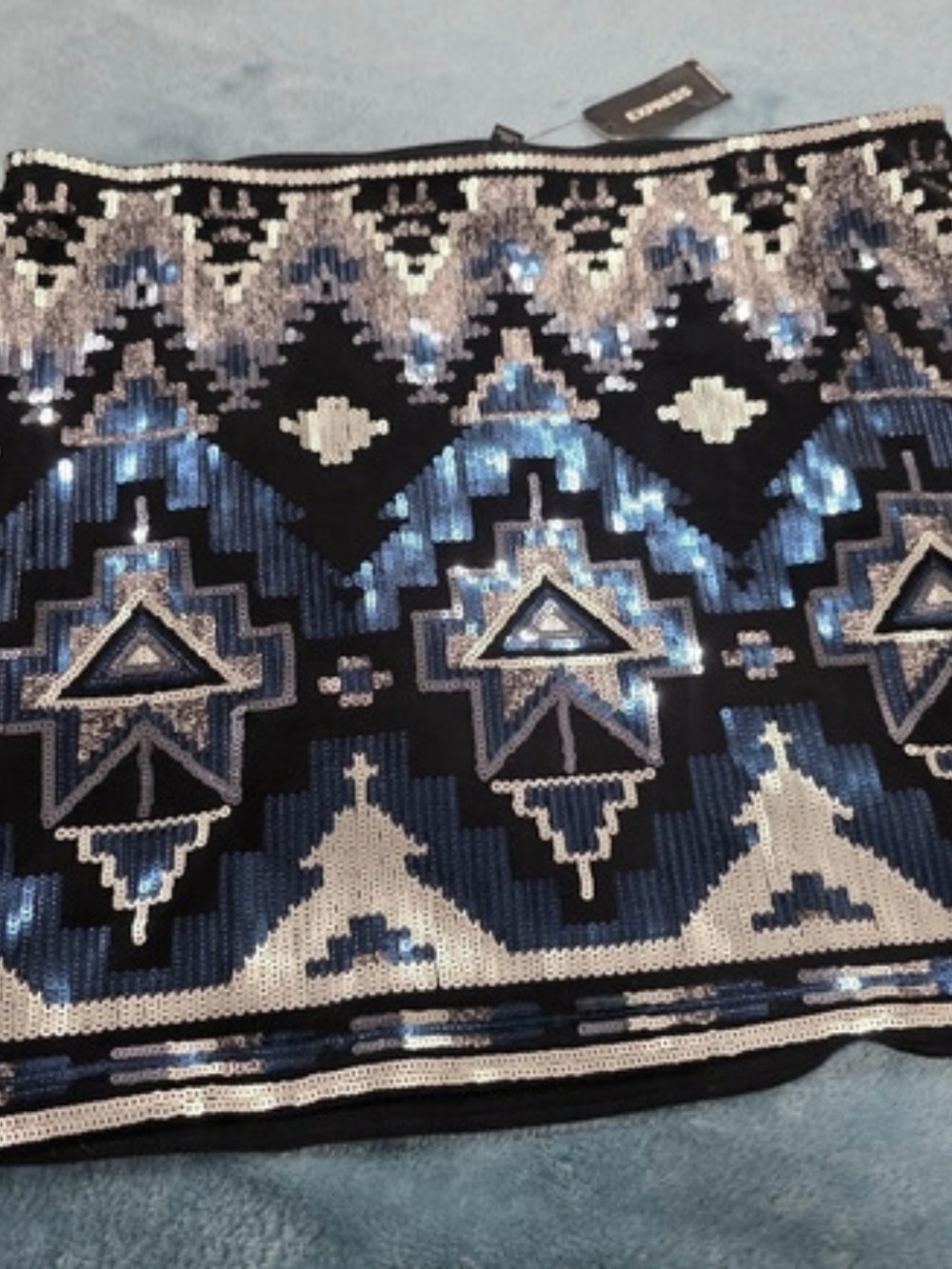 Express Aztec Sequin Mini Skirt Sequin Geometric Mini Skirt in Black & Blue Size